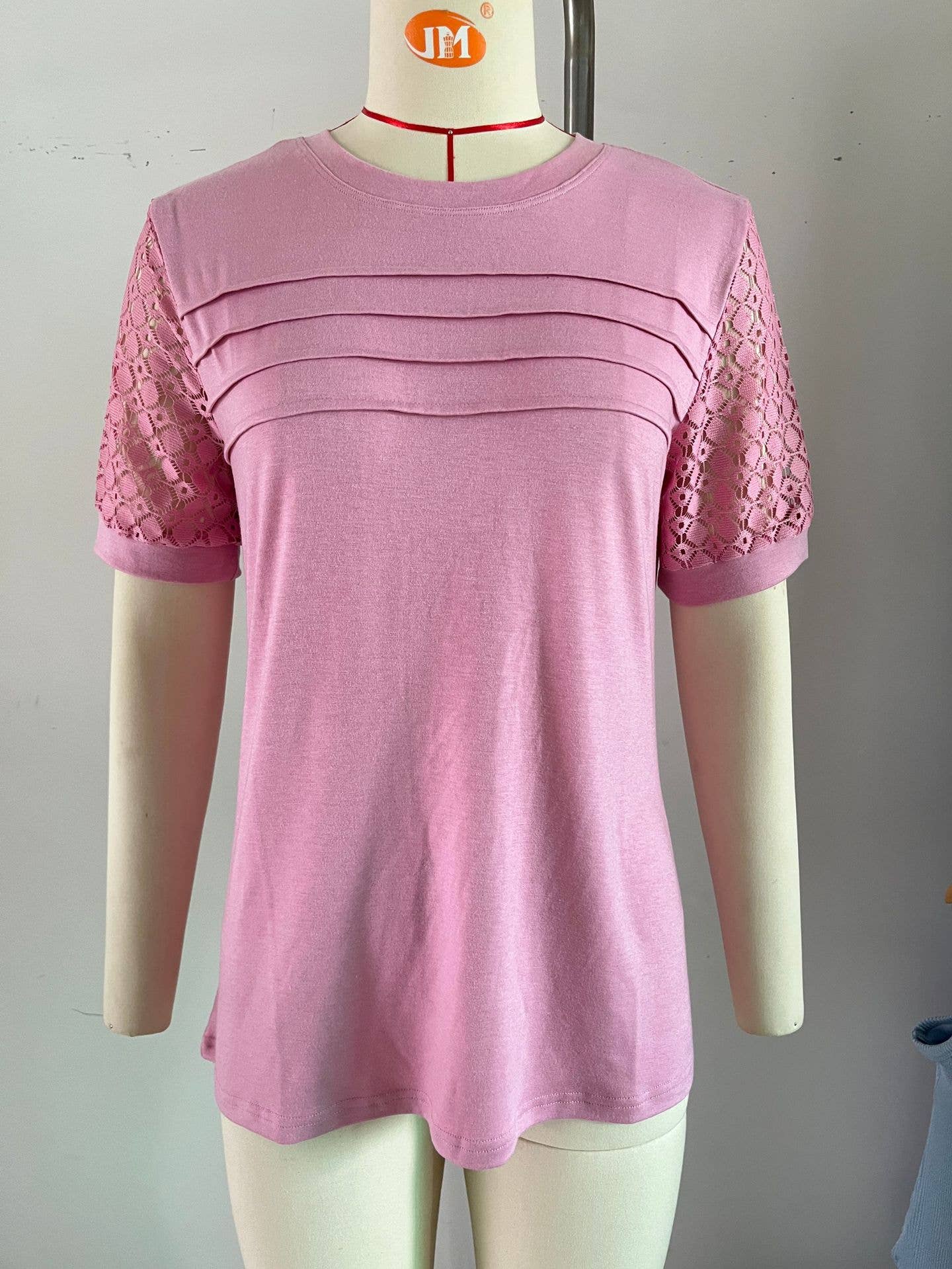 Solid color crew neck patchwork lace casual top