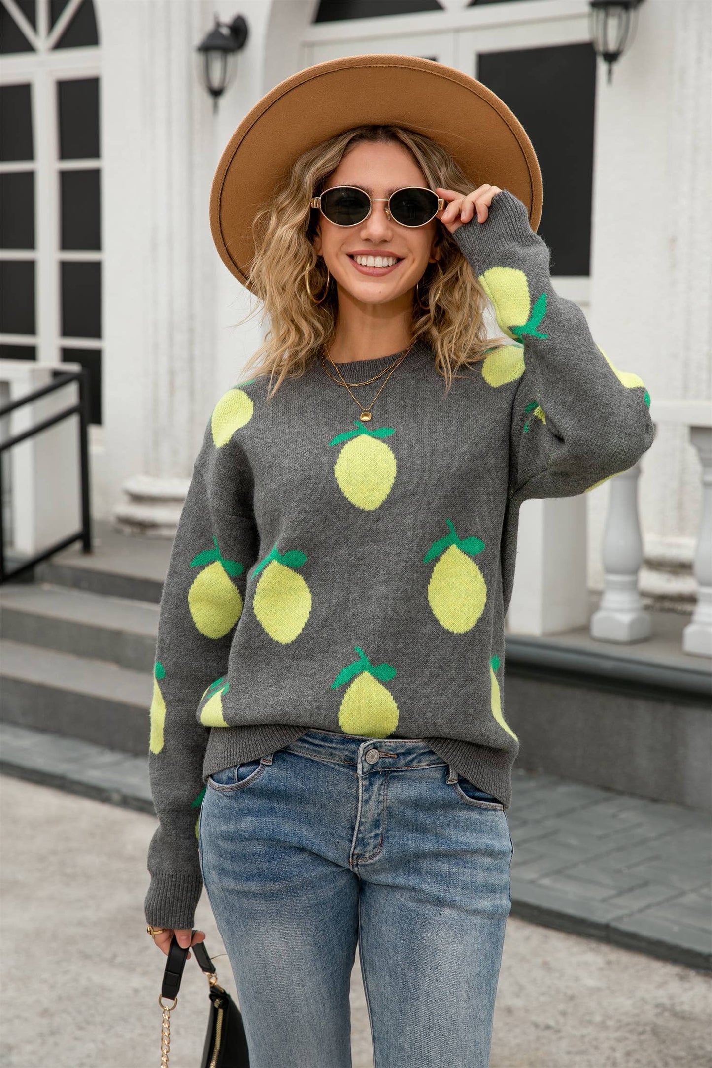 Lemon jacquard round-neck knitted sweater