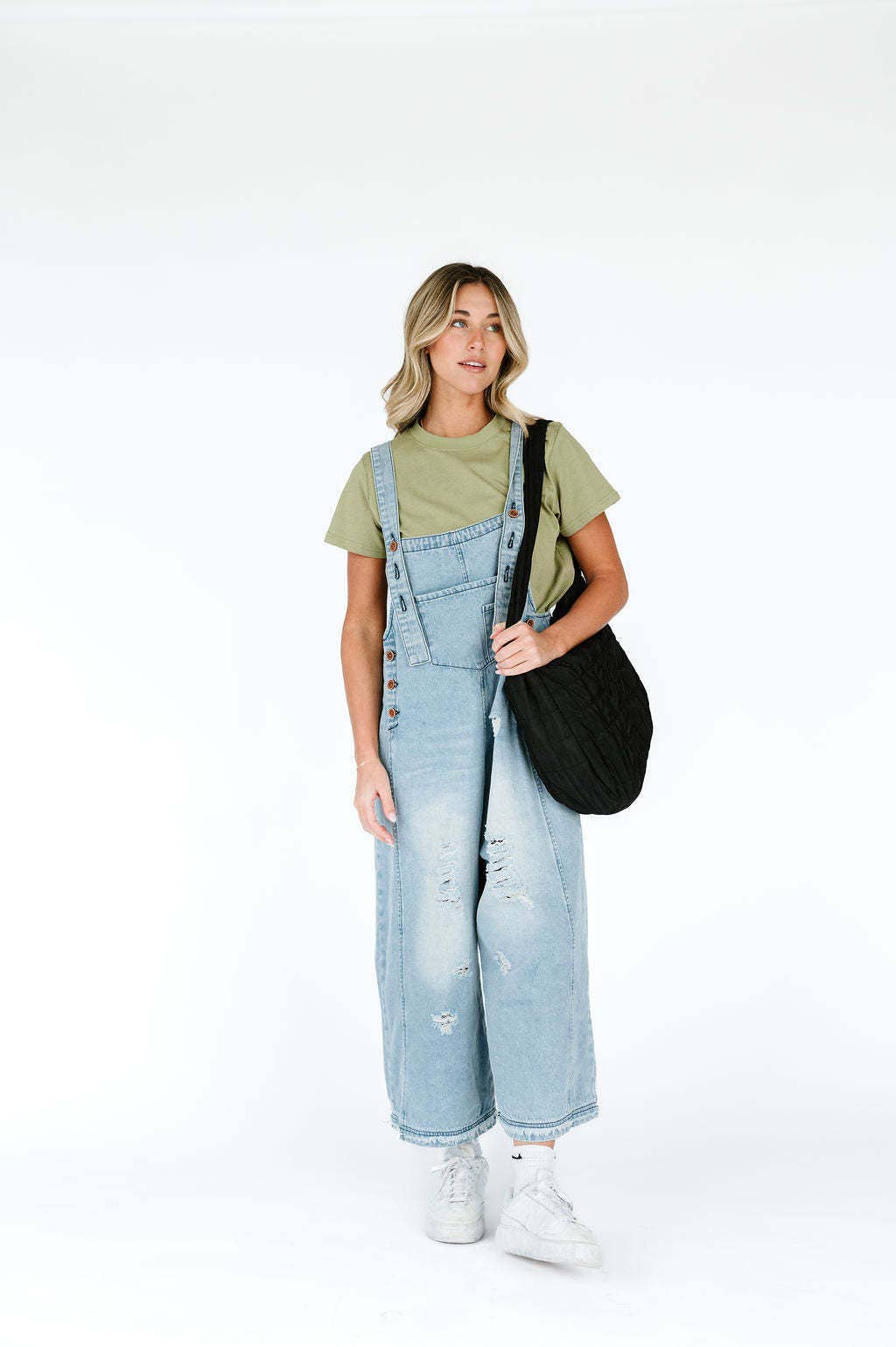 Retro distressed,ripped loose wide-leg overalls