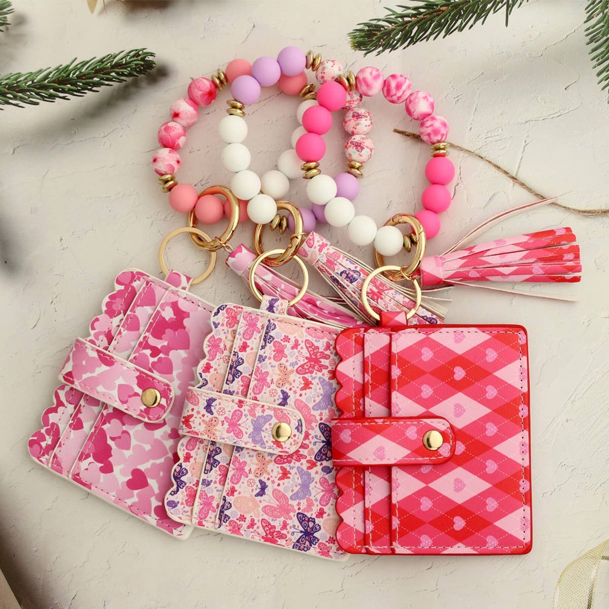 Heart PU Card Wallet with Beaded Keychain_CWAB4944