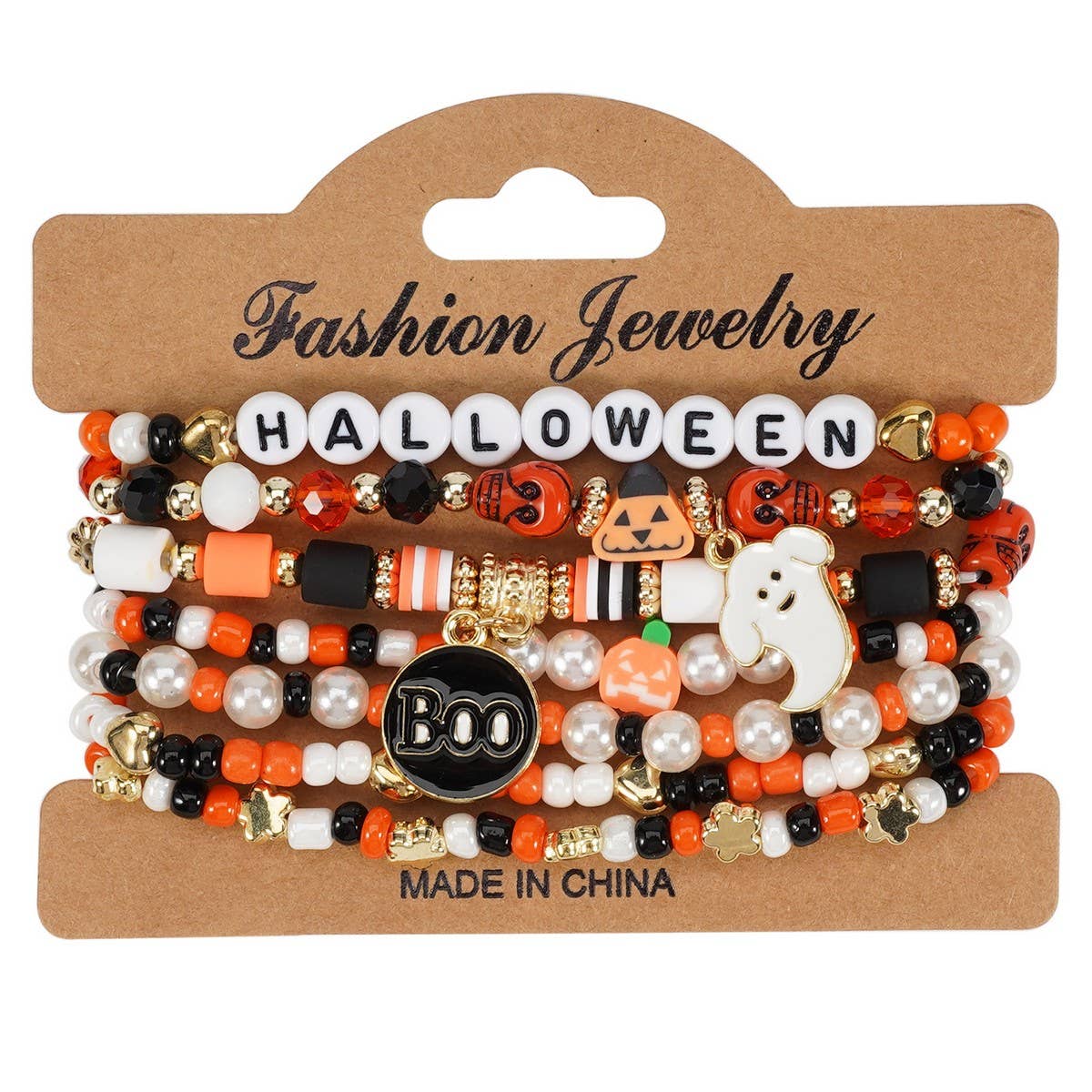 CWAJE05704_HALLOWEEN SKULL PUMPKIN GHOST BEADED BRACELET