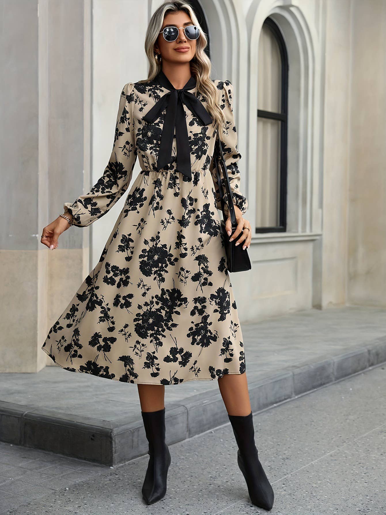 Mid-length A-line floral dress with lace neckline
