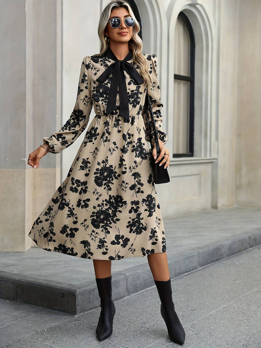 Mid-length A-line floral dress with lace neckline