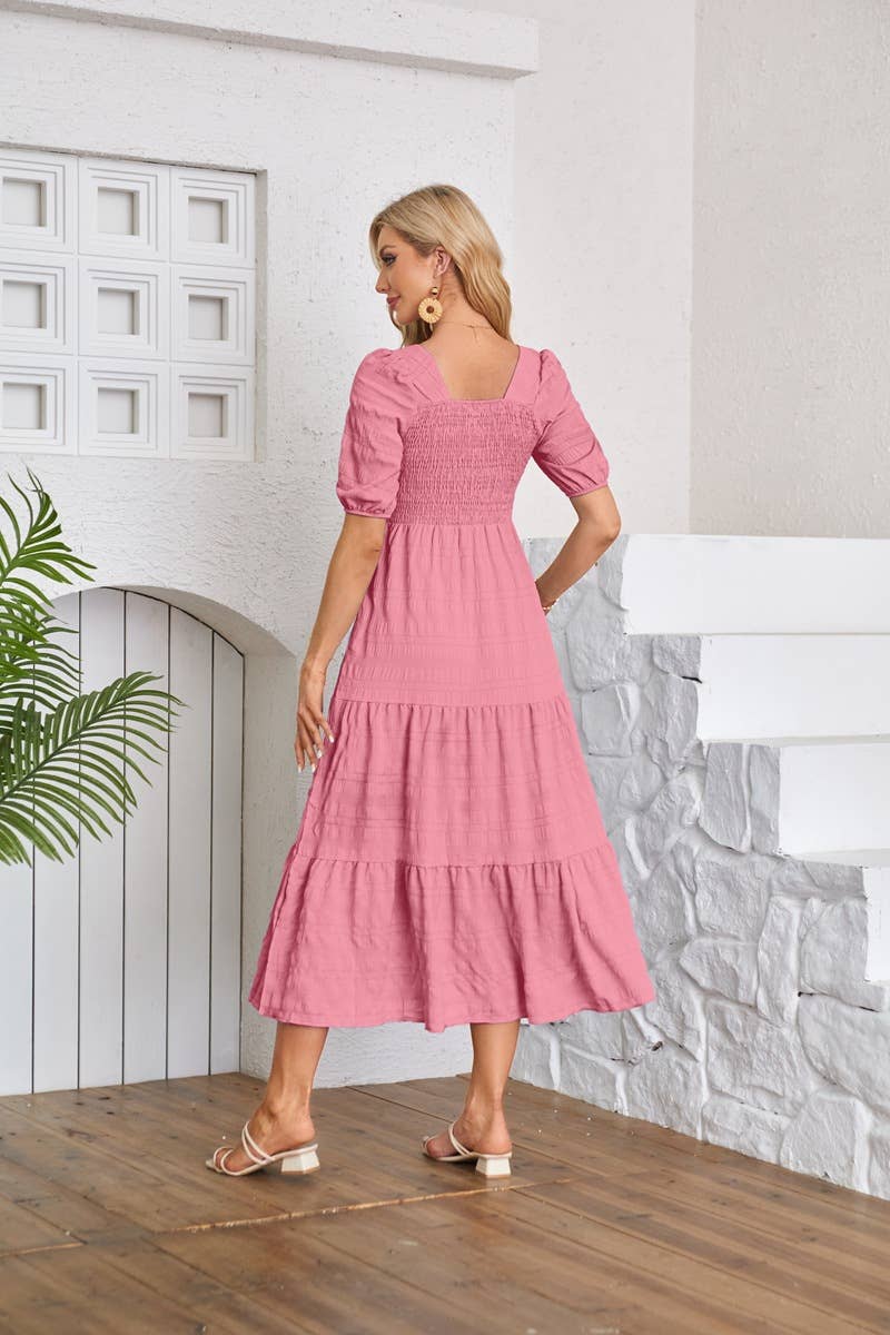 Square neck pleated short-sleeved dress
