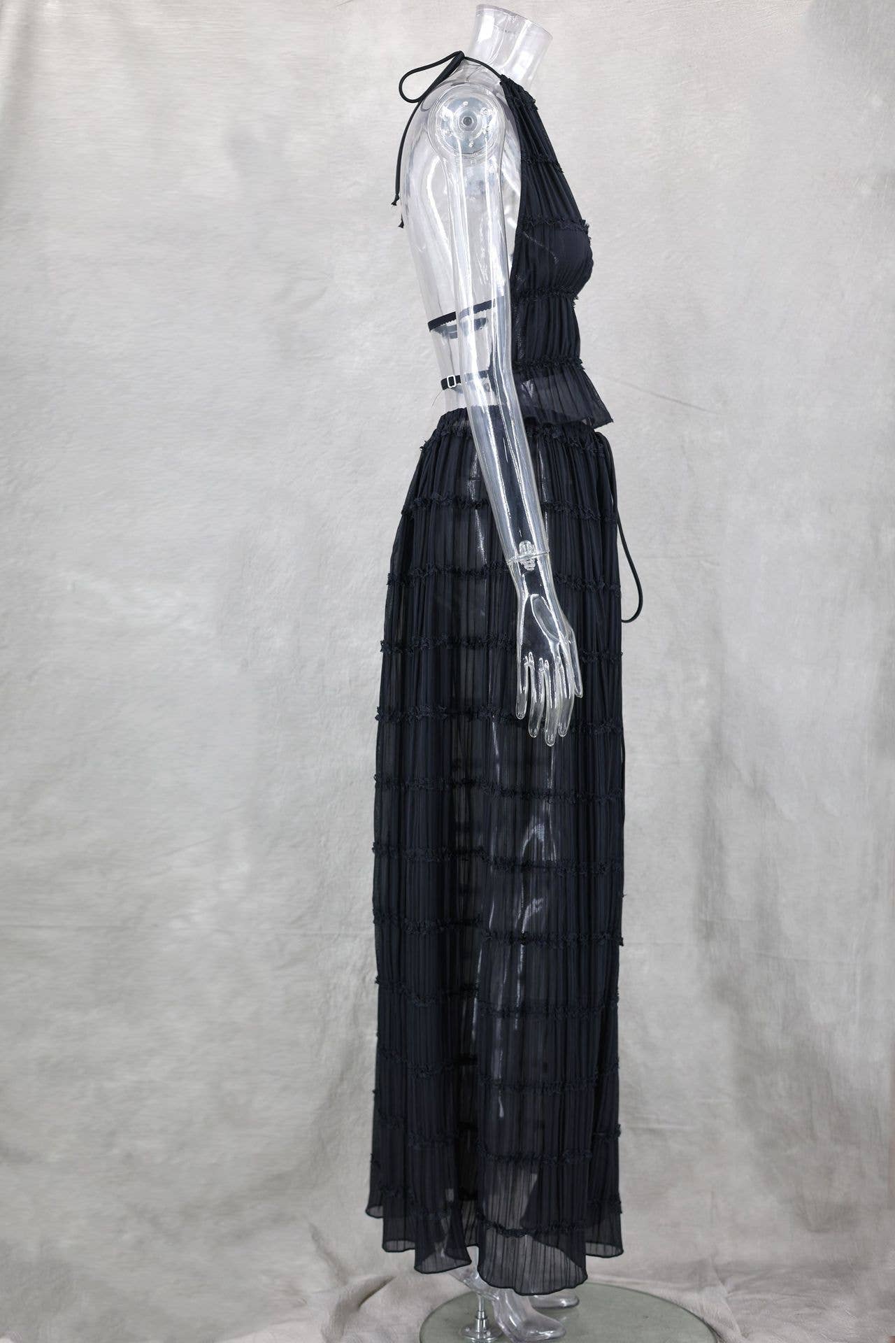 Sexy Backless Halter Lace Trim Cami Maxi Set