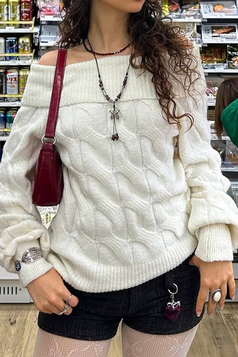 CWOSWL07510_OFF-THE-SHOULDER LONG-SLEEVED KNITTED SWEATER