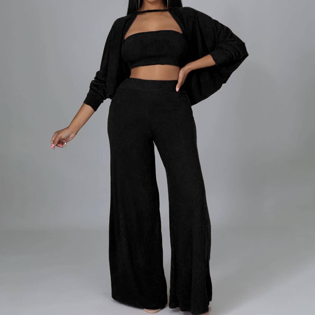 SOLID COLOR COAT CAPE TROUSERS THREE-PIECE SET