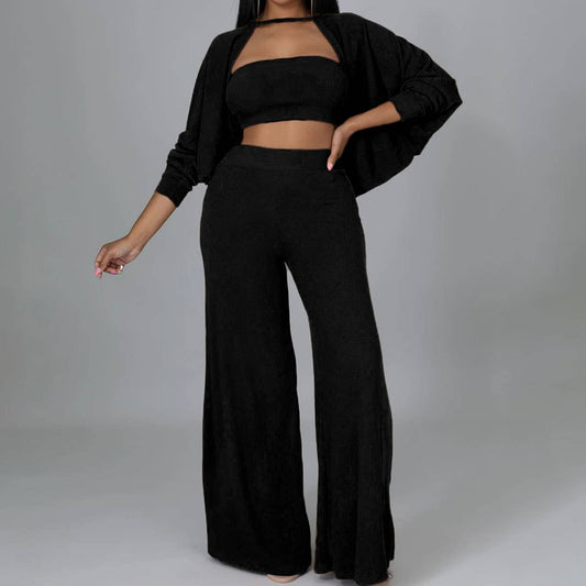 SOLID COLOR COAT CAPE TROUSERS THREE-PIECE SET