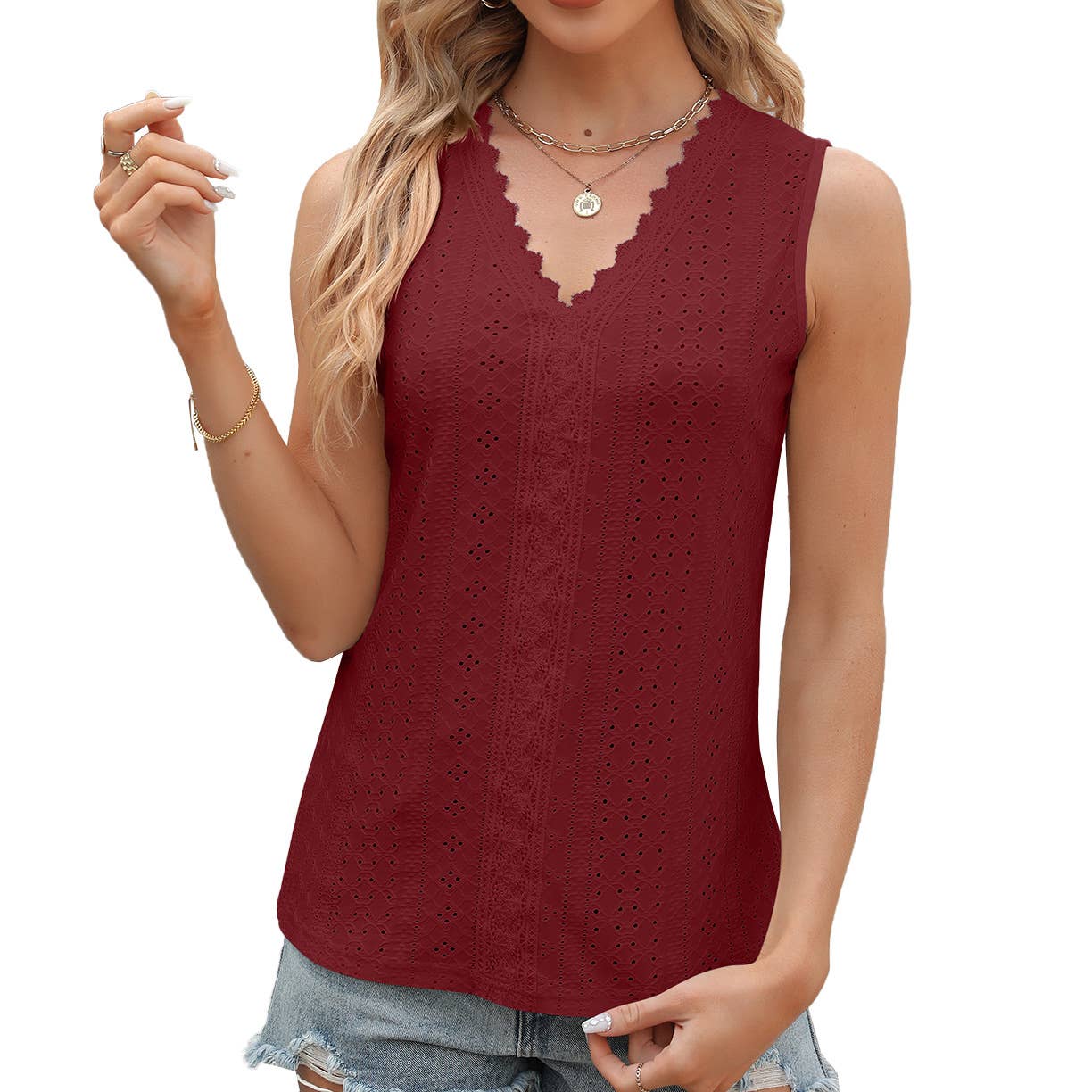V-neck lace sleeveless solid color casual vest