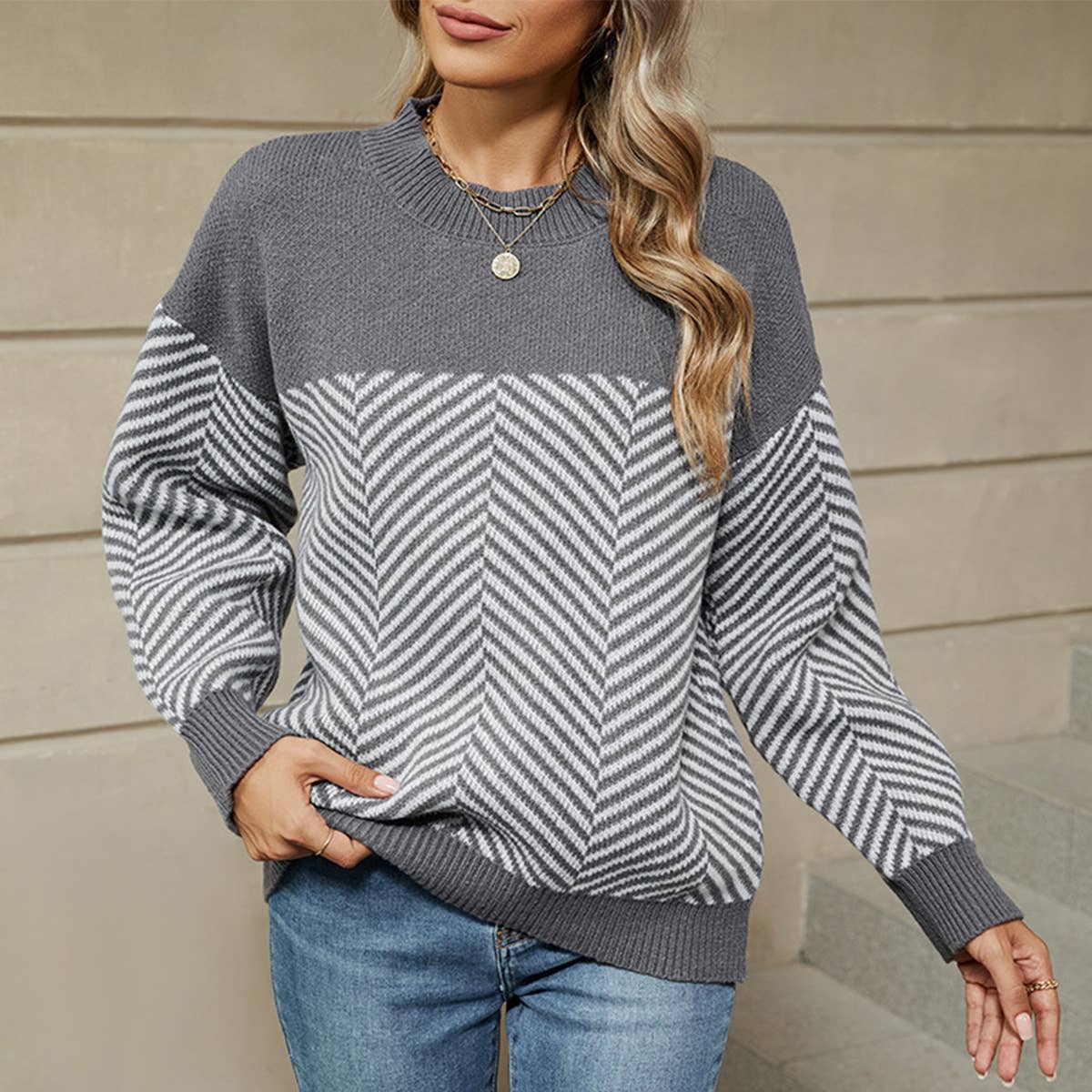 LONG SLEEVE CREW NECK JUMPER STRIPED KNIT SWEATER