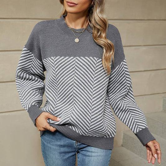 LONG SLEEVE CREW NECK JUMPER STRIPED KNIT SWEATER