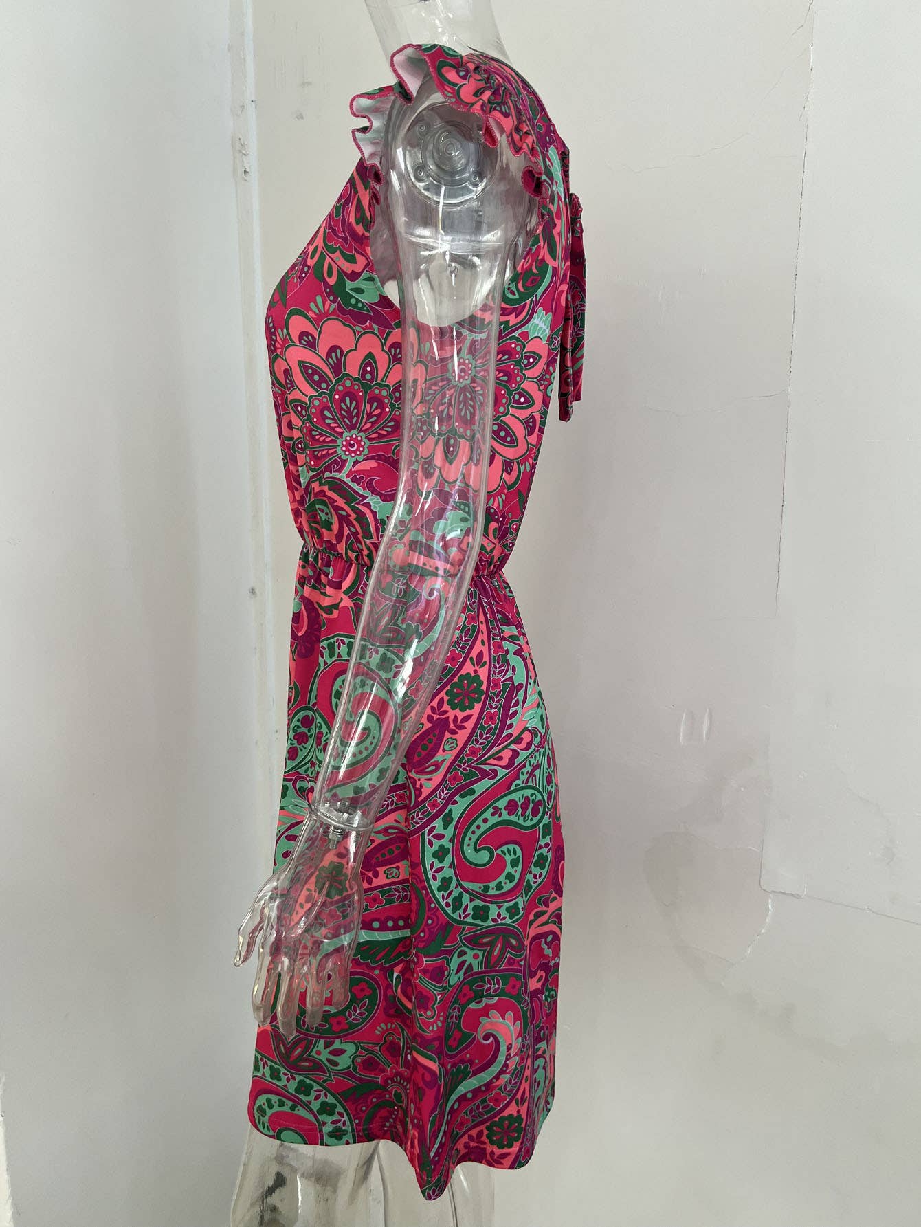 Feifei sleeve printe cinched waist lace-up dress