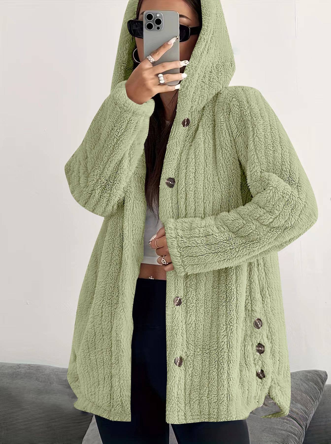 SOLID COLOR LONG SLEEVE HOODED LOOSE FLUFFY COAT