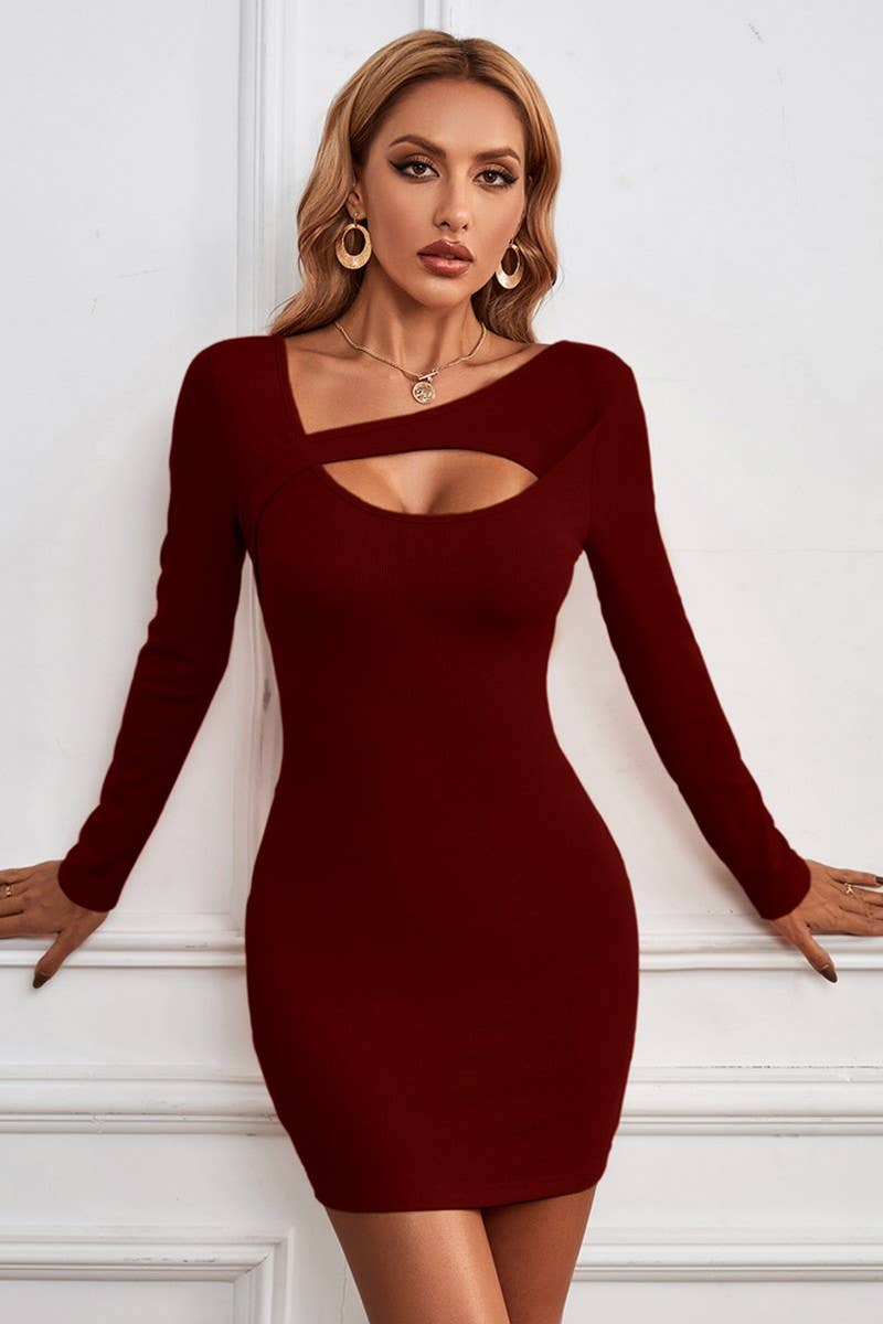 HOLLOW OUT IRREGULAR COLLAR WRAPPED HIP DRESS_CWDSD2730