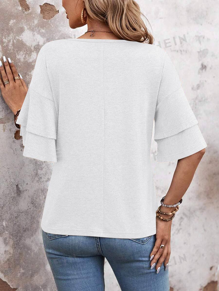 SOLID COLOR V-NECK DOUBLE-SLEEVED BAGGY BLOUSE