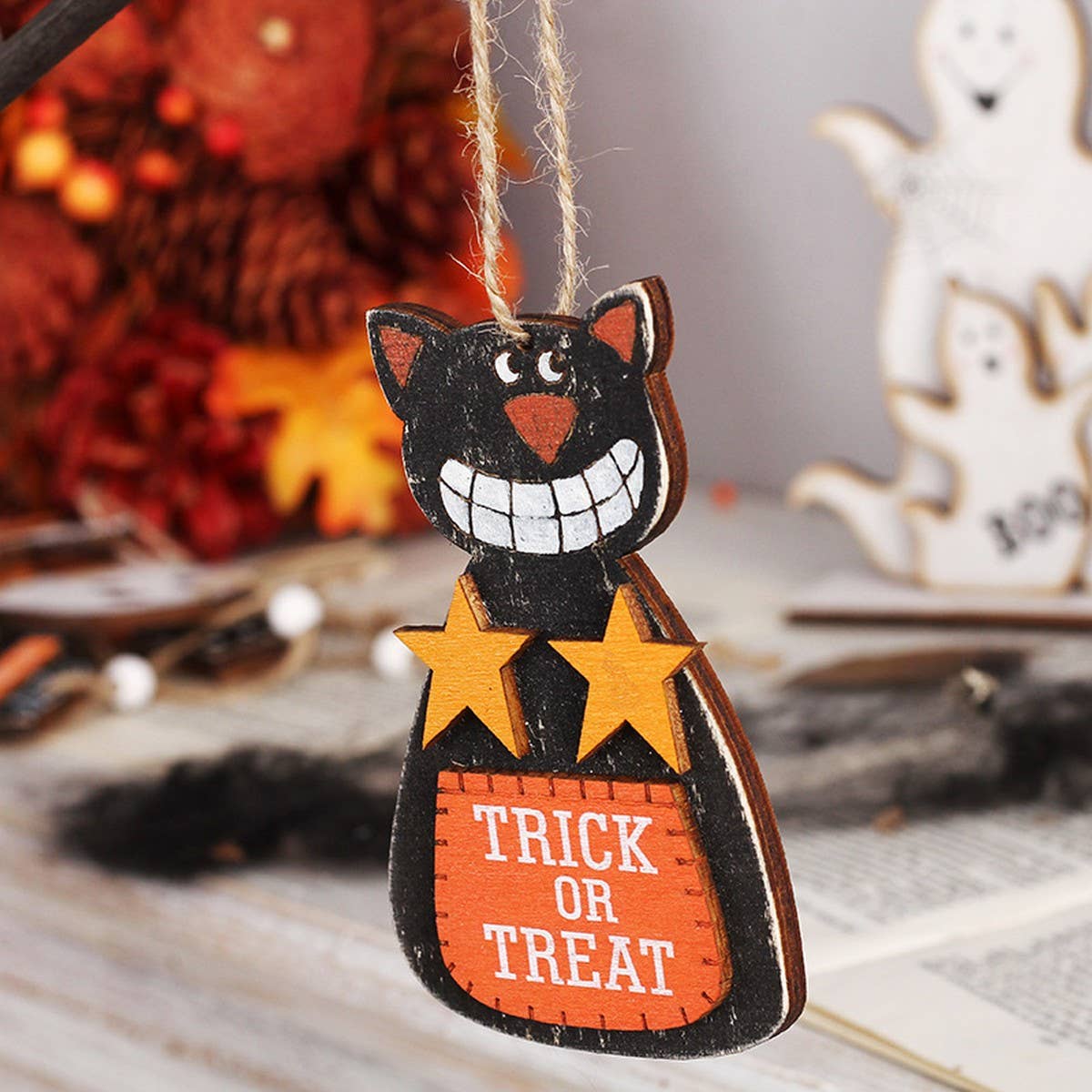 Ins-Style Painted Pumpkin & Bat Wood Hanging_CWAJE05361