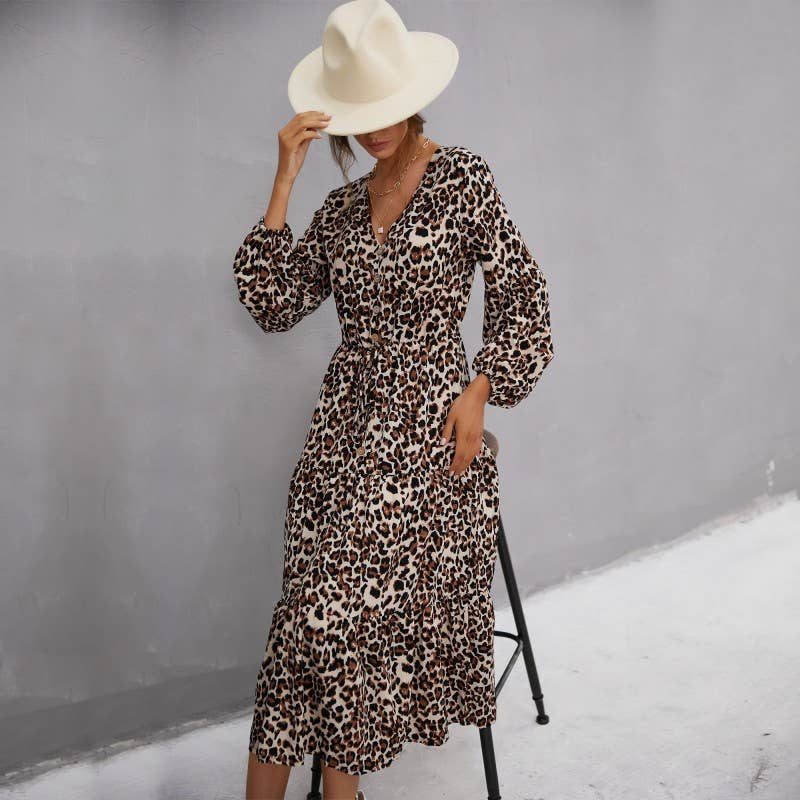 LEOPARD PRINT V-NECK LONG DRESS WITH RUFFLES