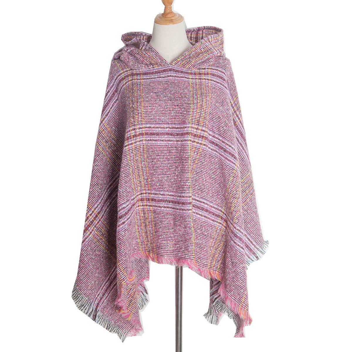 CIRCLE YARN FUR LARGE PLAID HOODED CAPE SHAWL