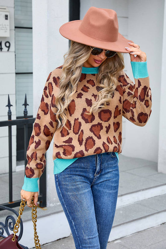 ROUND NECK LEOPARD PRINT PULLOVER SWEATER