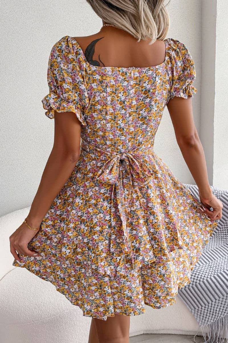 CWDSD4633_SUMMER FLORAL LACE-UP DRESS WITH WAIST SWING