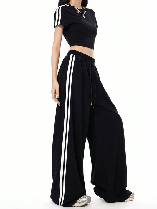 Sporty Wide-Leg Colorblock Relaxed Fit Pants