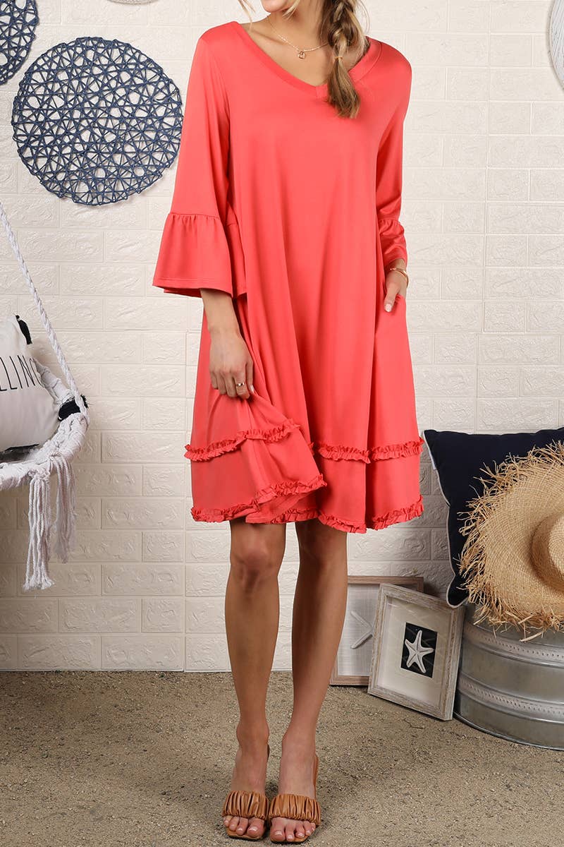 CWDSD10355_SMALL RUFFLE DETAILS 3/4 SLEEVE TIERED DRESS