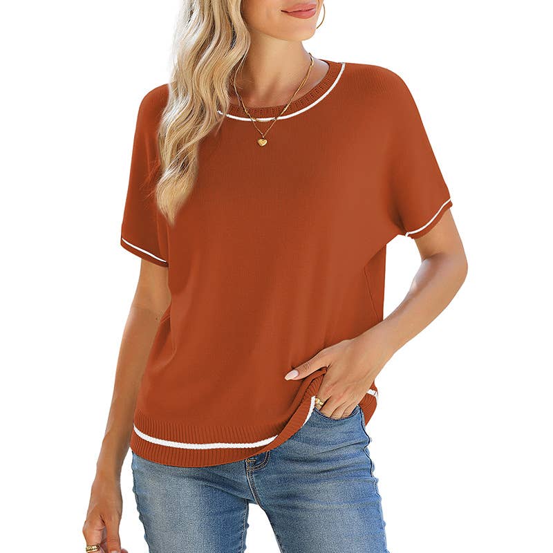 Round-neck,short-sleeved, color-blocked sweater