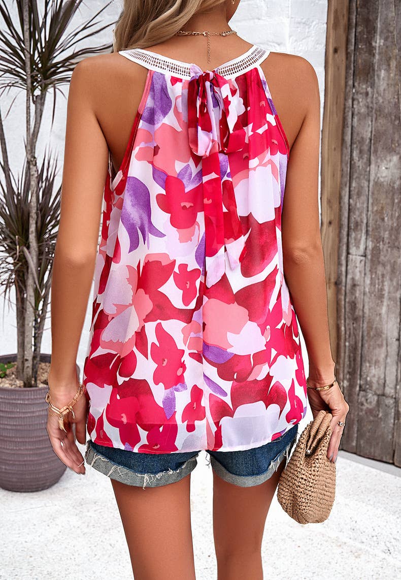 SLEEVELESS CREW NECK CUTOUT PRINT BLOUSE