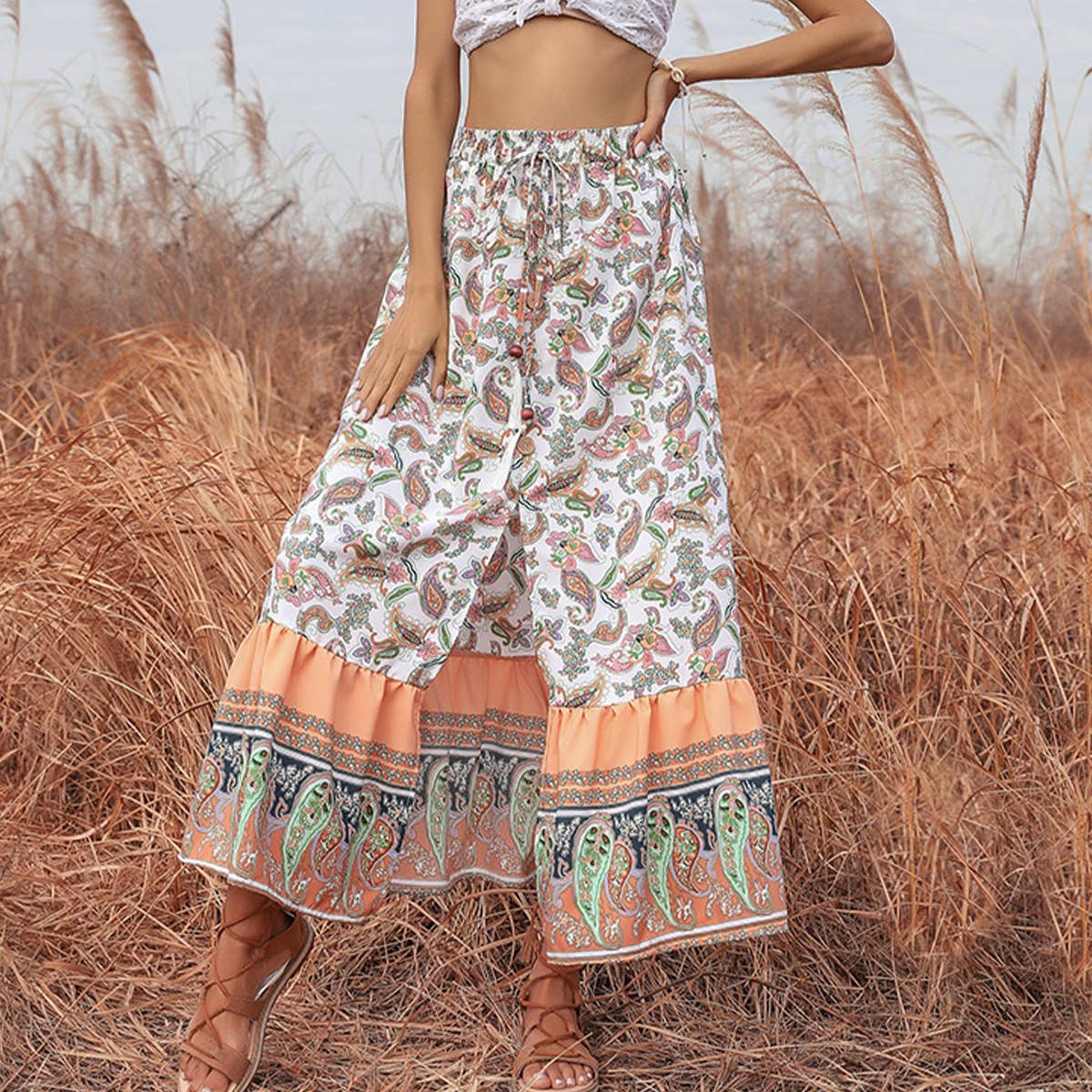 SPLIT LACE-UP BOHEMIAN FLORAL SKIRT