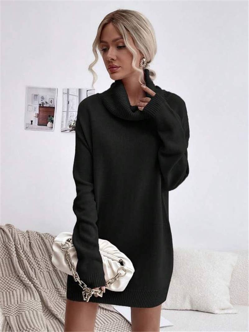 Solid-color loose high-neck knitted dress