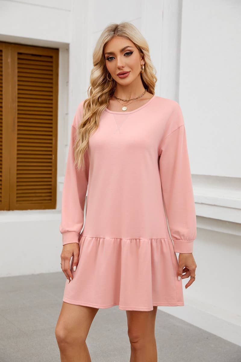 ROUND NECK LONG SLEEVE SOLID COLOR SHORT DRESS