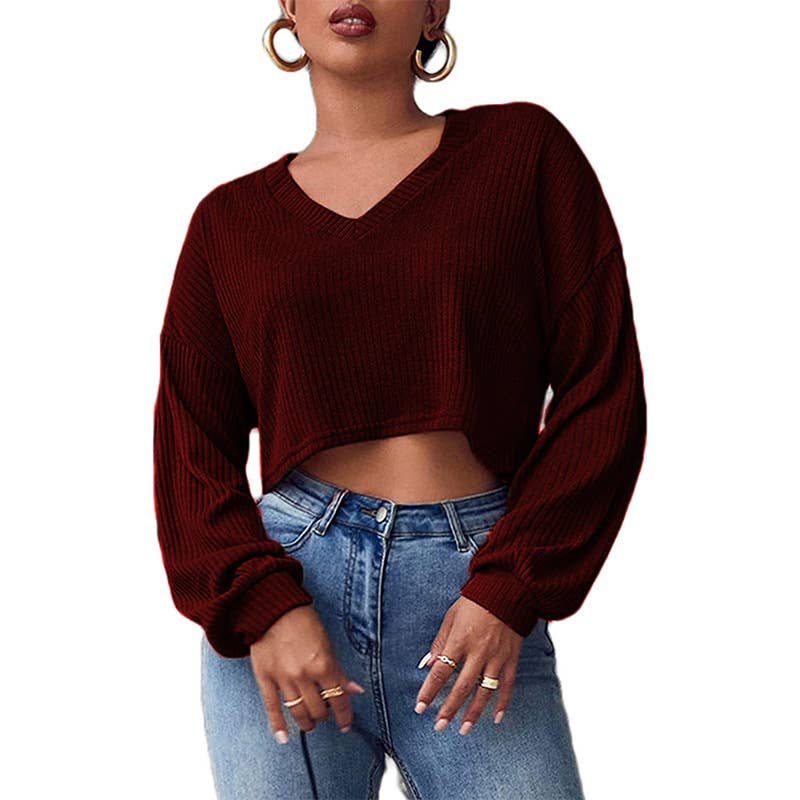 SOLID COLOR V-NECK CROP LONG SLEEVE SWEATER