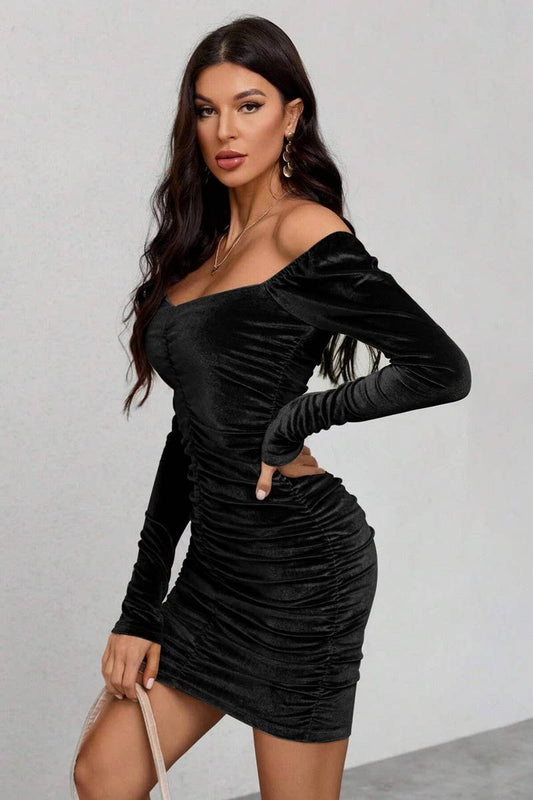 CWDSD6473_SOLID COLOR OFF-SHOULDER HIP VELVET DRESS