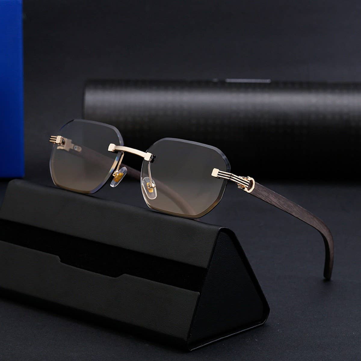 CUT EDGE RIMLESS FAUX WOOD GRAIN TEMPLE SUNGLASSES