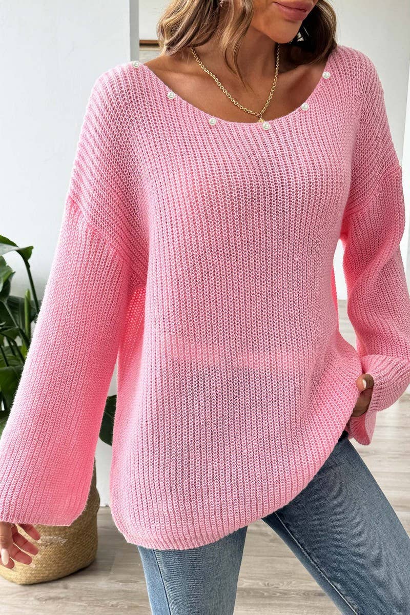 CWOSWL07405_WOMEN OFF SHOULDER BELL SLEEVE SWEATER