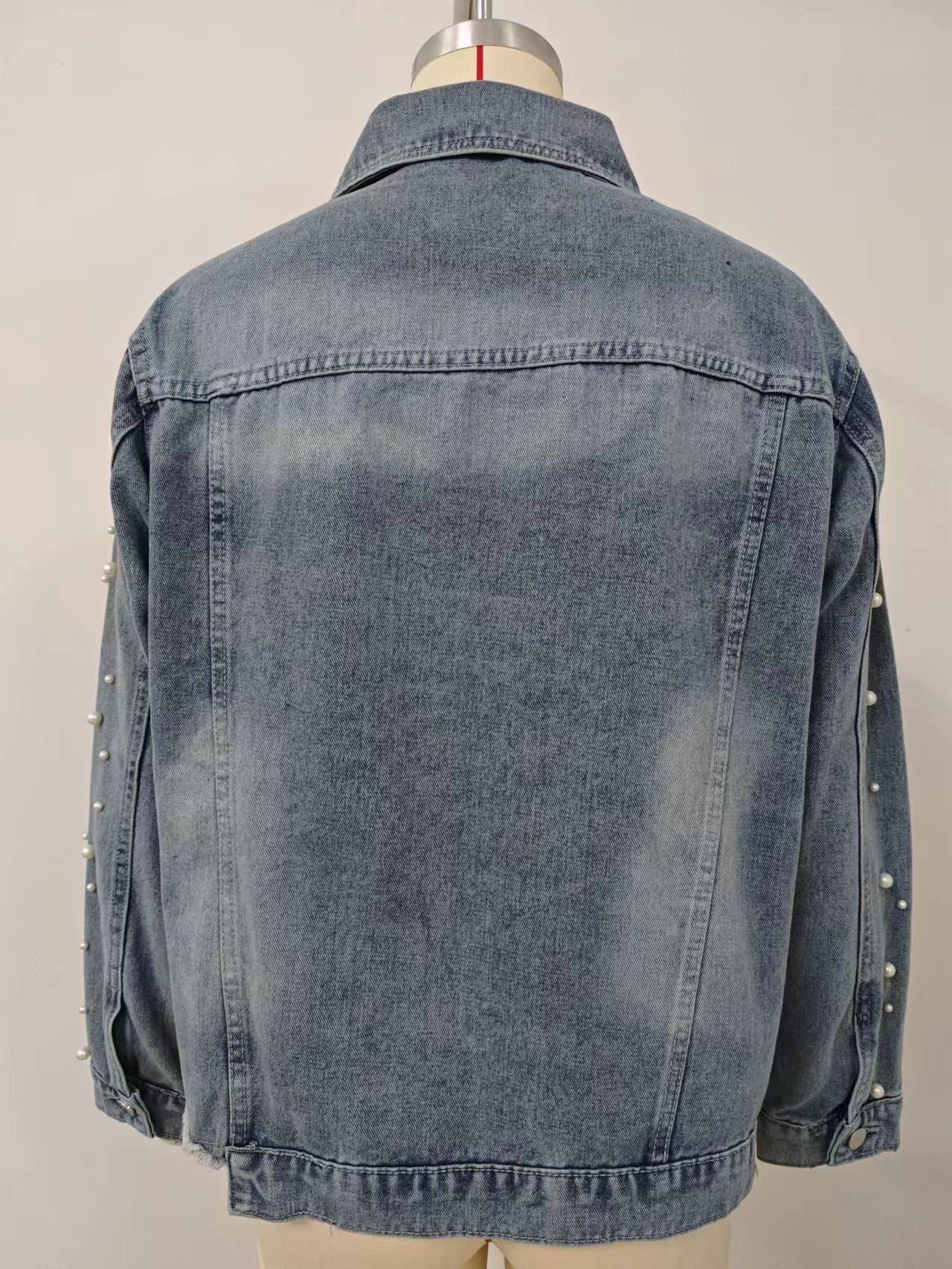Washed beaded long-sleeved casual denim jacket