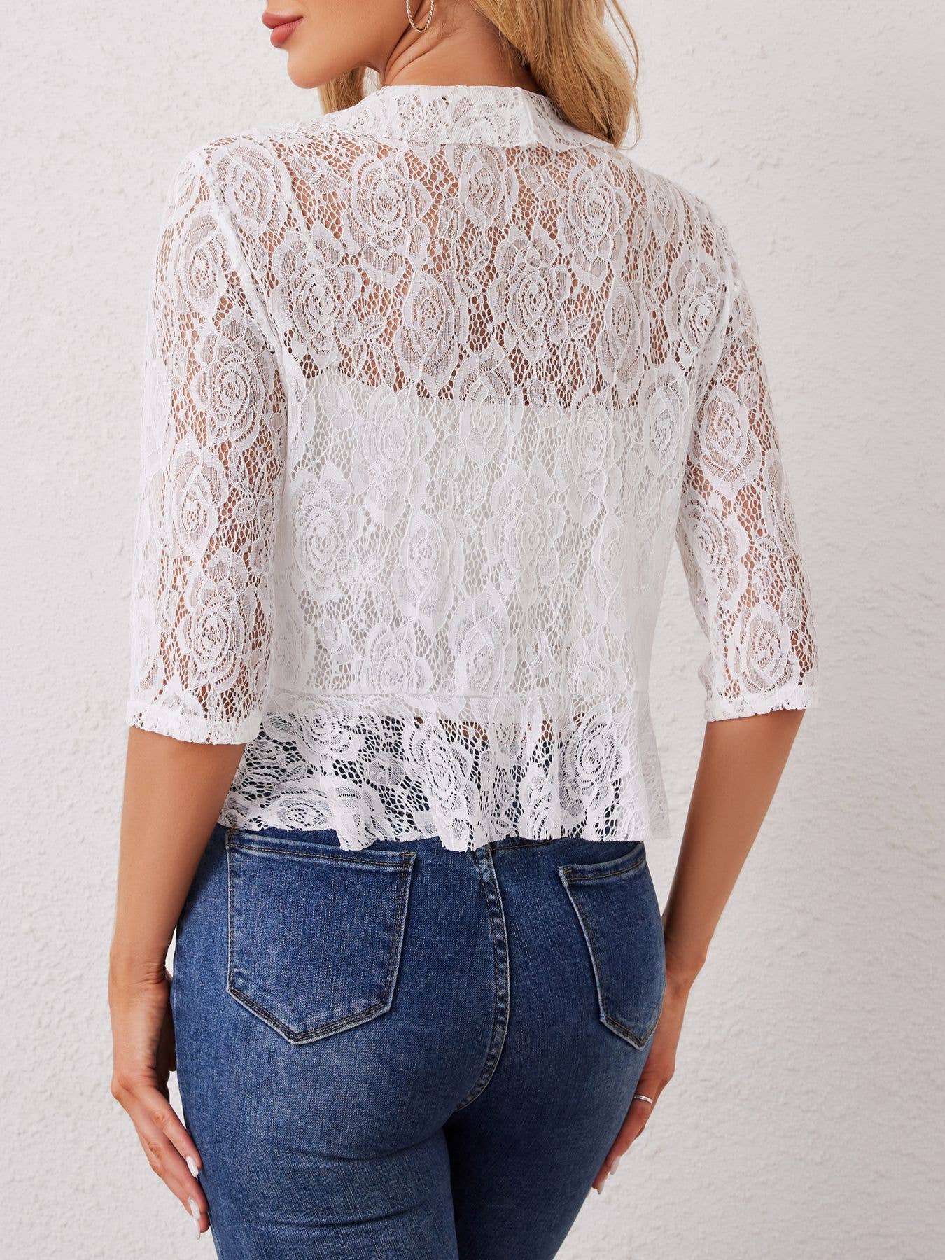 Fashionable ruffled opening short lace top