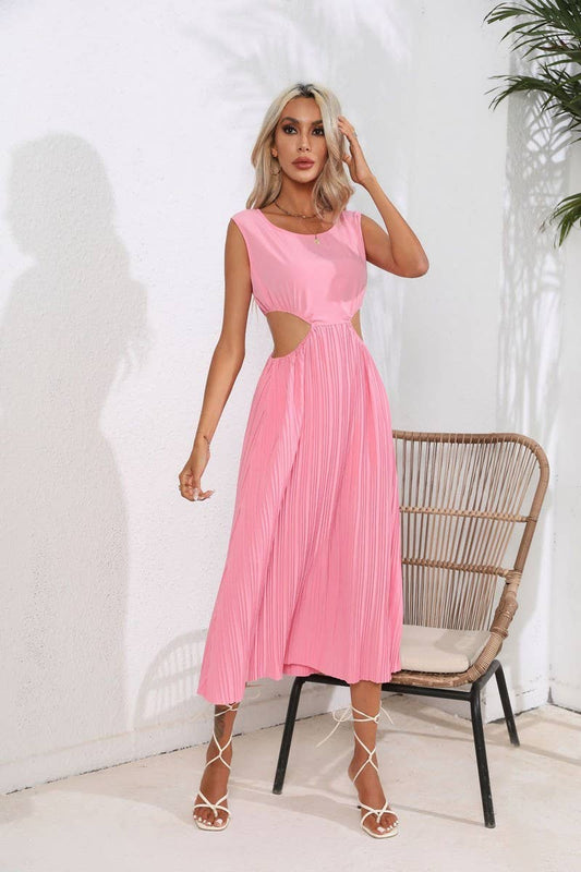 CWDSD2930_Round Neck Sleeveless Winkled Texture Dress