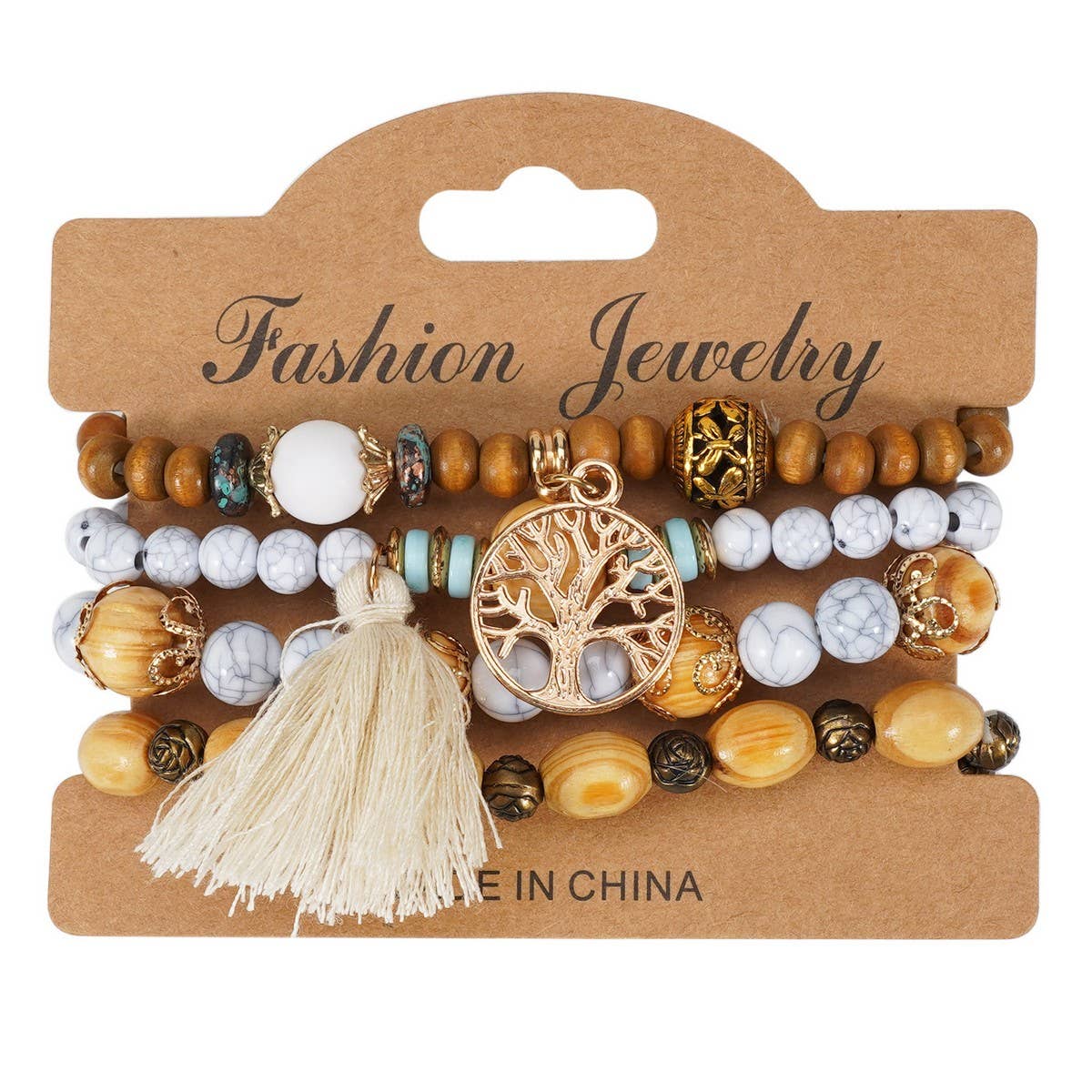 CWMM10462_WOOD BEAD ROSE ALLOY HANDMADE BRACELET SET