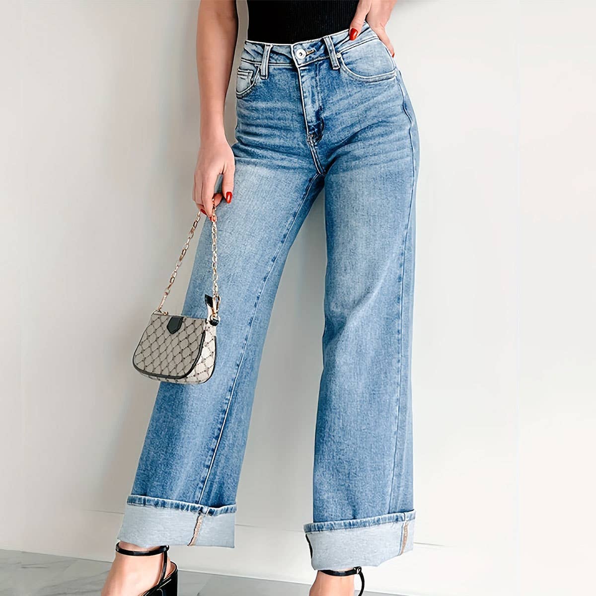 Straight-leg wide-leg rolled-up denim trousers