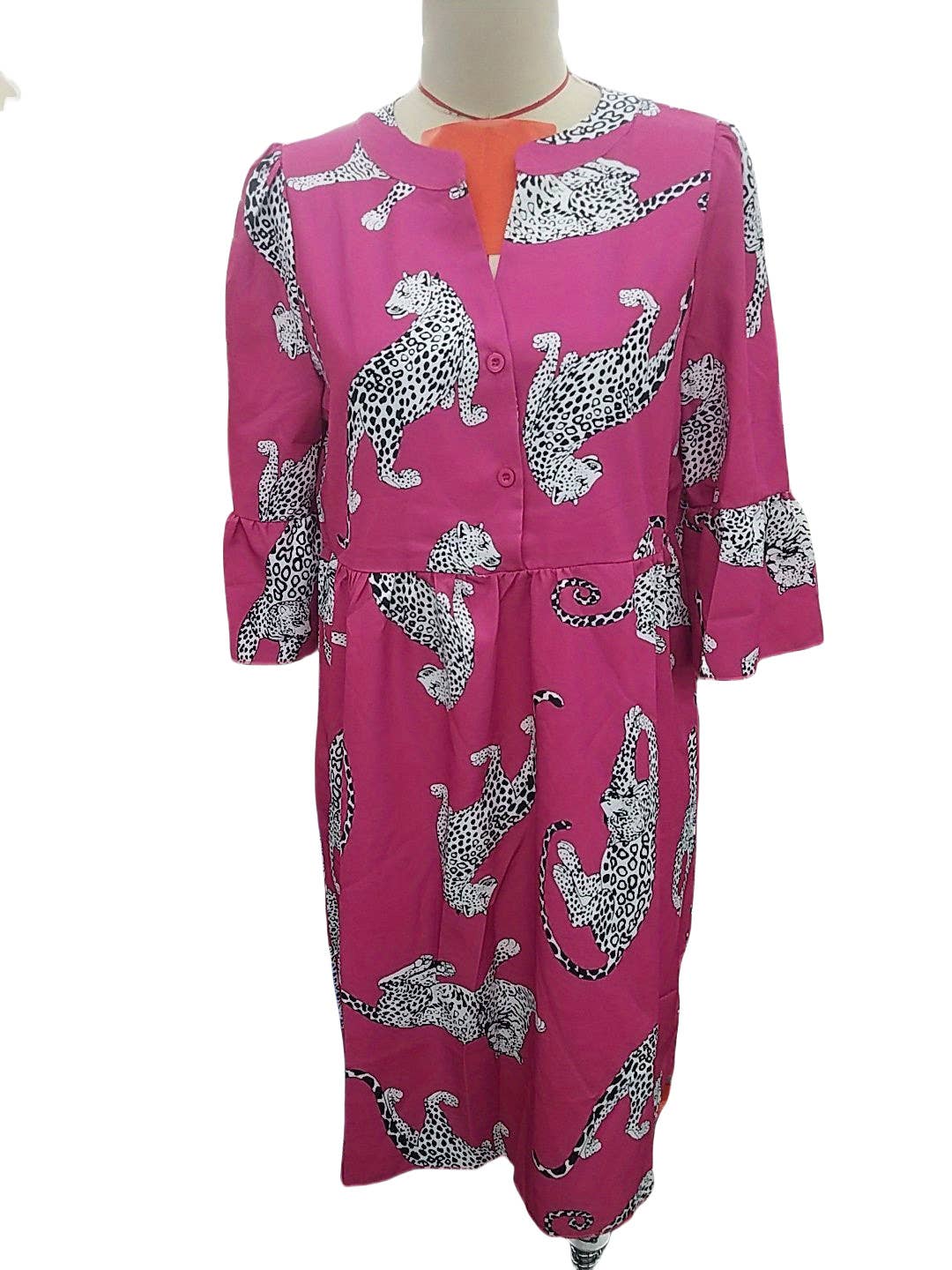 Leopard print button flared sleeve dress