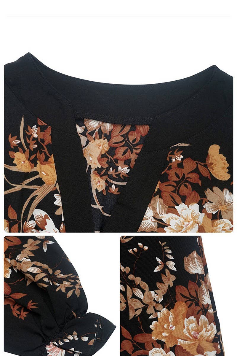 CWDMD3568_V-NECK PRINTED LONG-SLEEVED MIDI DRESS