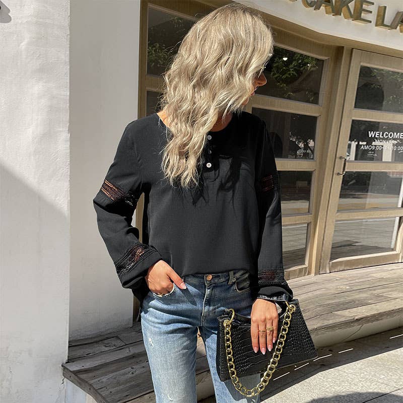 Round-neck lace patchwork cutout shirt