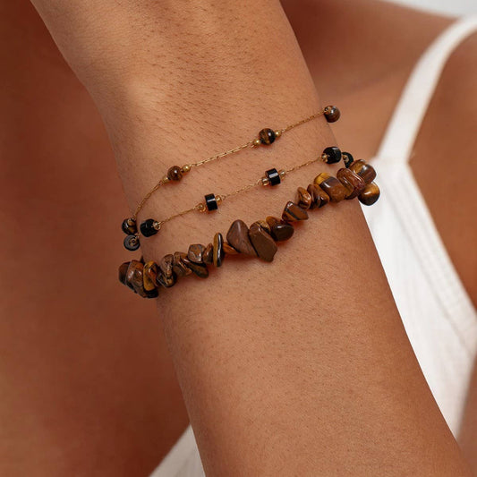 IRREGULAR NATURAL TIGER EYE STONE GOLD BEADBRACELET