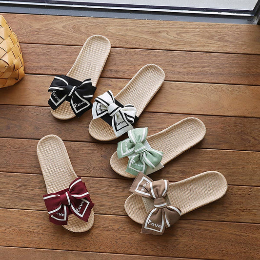 Linen Bow Slippers with Soft Anti-Slip Sole