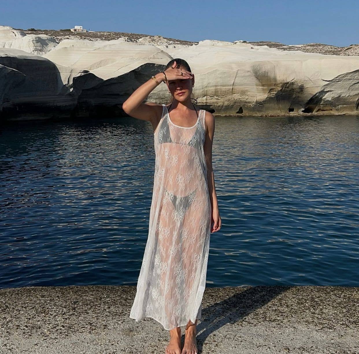 Sexy see-through lace blouse dress with cutout