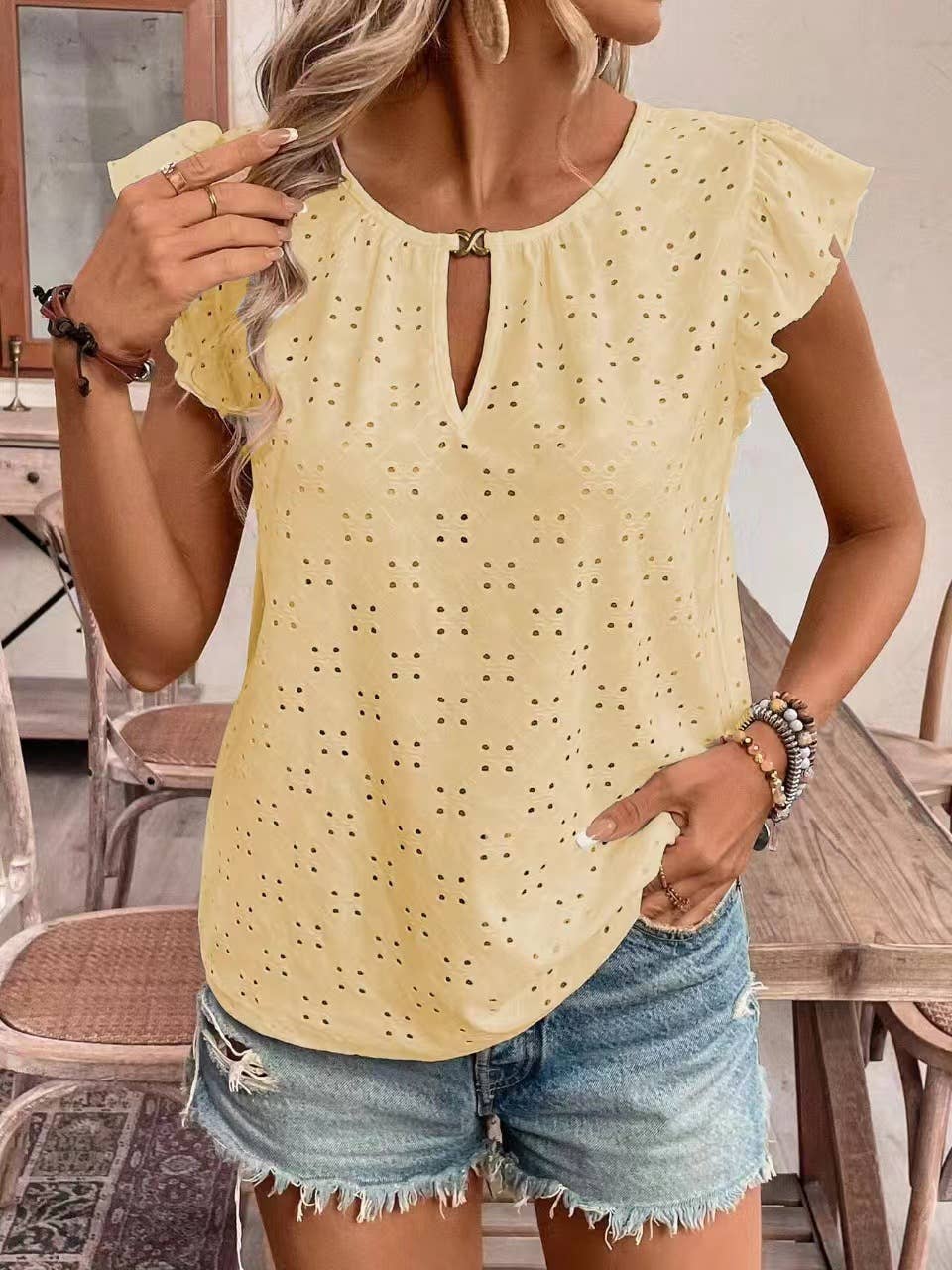 Jacquard V-neck pusher short-sleeved T-shirt