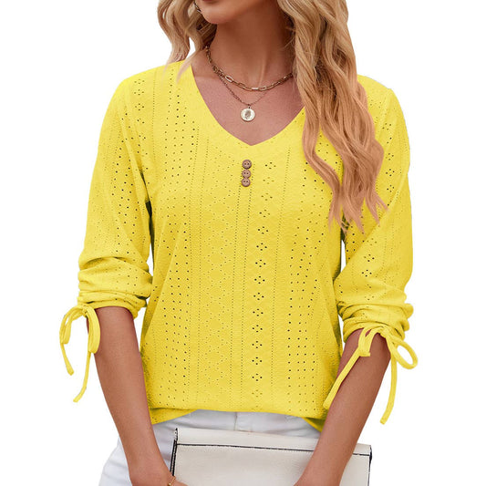 V-neck seven-point sleeved drawstring loose shirt