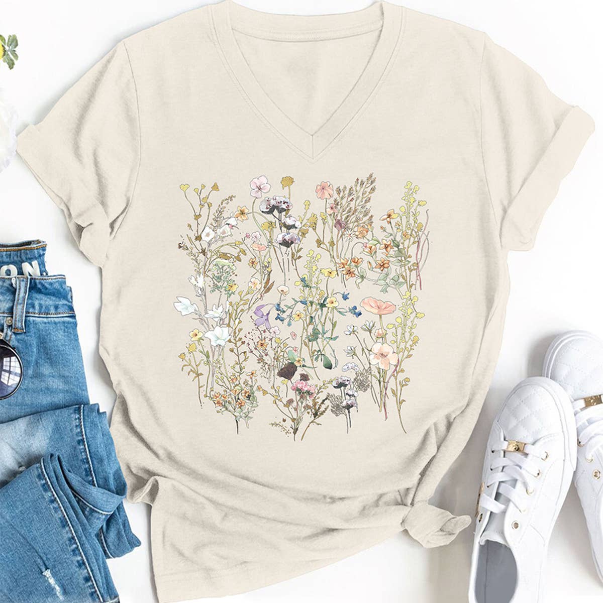 Floral V-Neck Graphic Tee for Women, Loose Fit