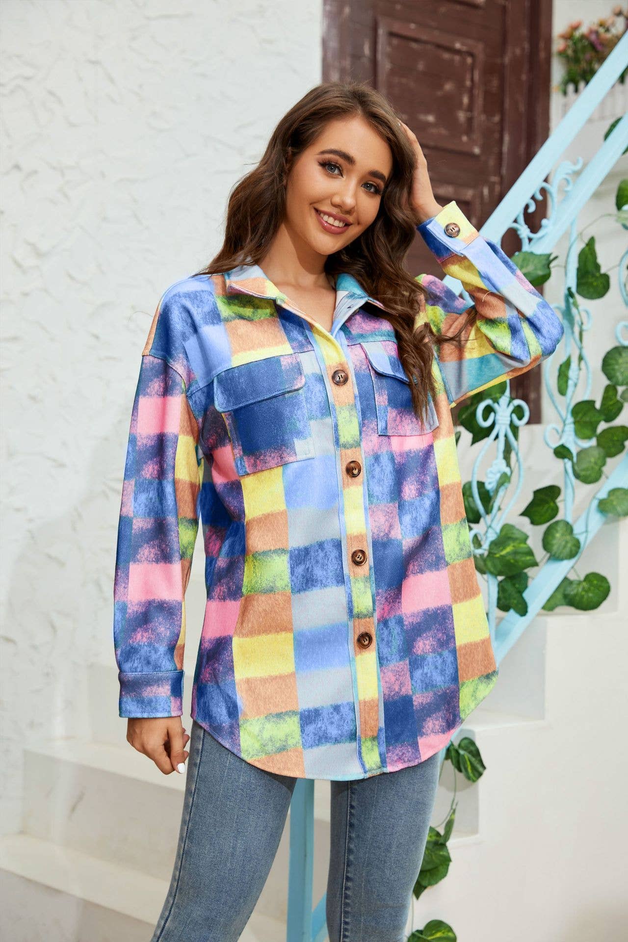 Tweed color-blocked fashionable shirt jacket